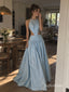 Light Blue Halter Cutout Pleated A-Line Dress, Sleeveless Floor Length Formal Gown,PD13901