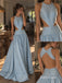 Light Blue Halter Cutout Pleated A-Line Dress, Sleeveless Floor Length Formal Gown,PD13901