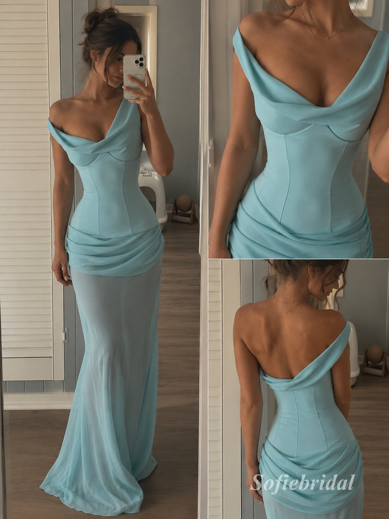 Mint Green One Shoulder Draped Chiffon Mermaid Dress, Cowl Neck Floor Length Formal Gown,PD13902