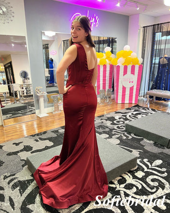 Sexy Soft Satin One Shoulder Sleeveless Side Slit Mermaid Floor Length Prom Dress, PD01096