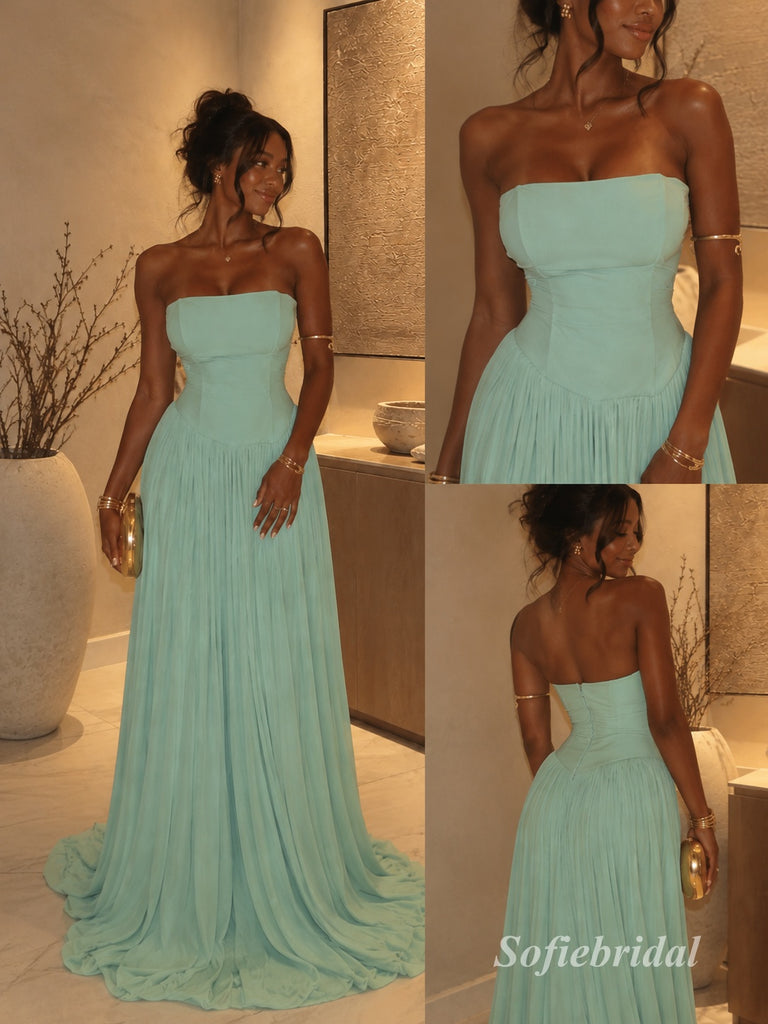 Sage Green Strapless Ruched Chiffon A-Line Dress, Tube Top Floor Length Formal Gown,PD13903
