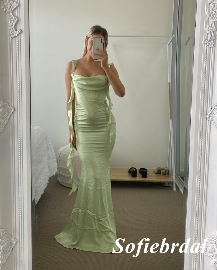 Sexy Sage Soft Satin Spaghetti Straps Sleeveless Open Back Mermaid Long Prom Dress, PD01011