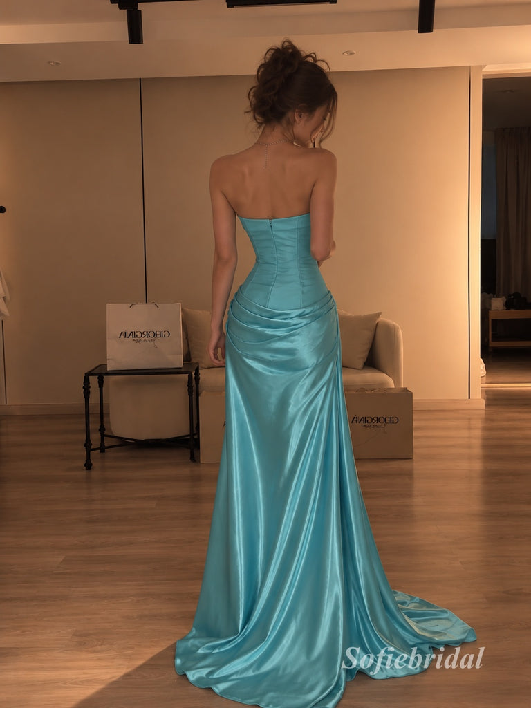 Turquoise Strapless Draped Satin A-Line Dress, Tube Top Floor Length Formal Gown,PD13904