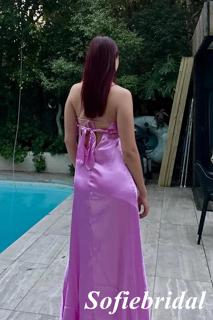 Sexy Soft Satin Spaghetti Straps Sleeveless Side Slit Mermaid Maxi Prom Dress, PD01153