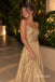 Champagne Spaghetti Strap Cutout Pleated A-Line Dress, V Neck Floor Length Formal Gown,PD13905