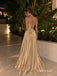 Champagne Spaghetti Strap Cutout Pleated A-Line Dress, V Neck Floor Length Formal Gown,PD13905