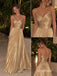 Champagne Spaghetti Strap Cutout Pleated A-Line Dress, V Neck Floor Length Formal Gown,PD13905