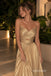 Champagne Spaghetti Strap Cutout Pleated A-Line Dress, V Neck Floor Length Formal Gown,PD13905