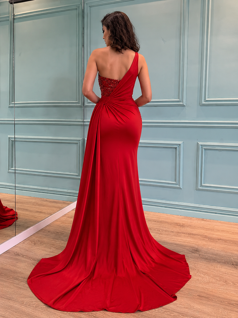 Sexy Red Sequin Satin One Shoulder V-Neck Sleeveless Side Slit Mermaid Long Prom Dresses/Evening Dresses,SFPD0365