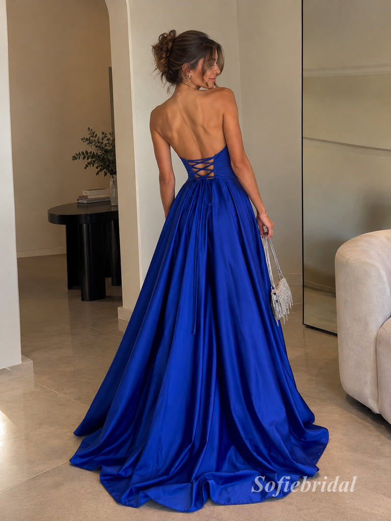 Royal Blue Strapless Satin A-Line Dress, Cutout Sweetheart Floor Length Formal Gown,PD13906