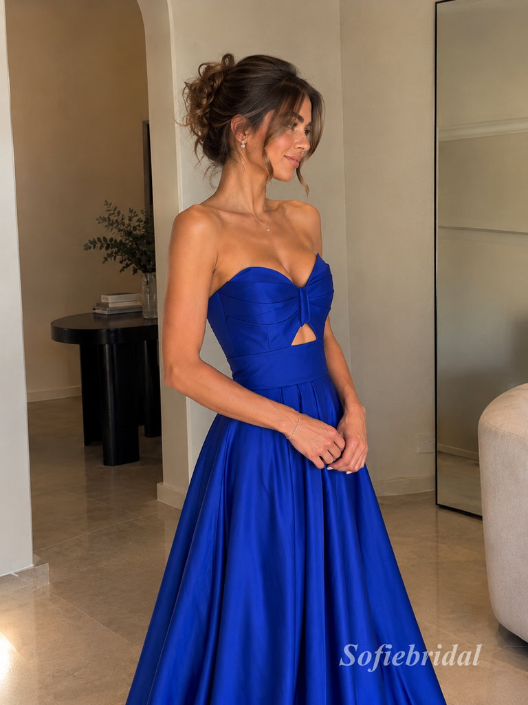 Royal Blue Strapless Satin A-Line Dress, Cutout Sweetheart Floor Length Formal Gown,PD13906
