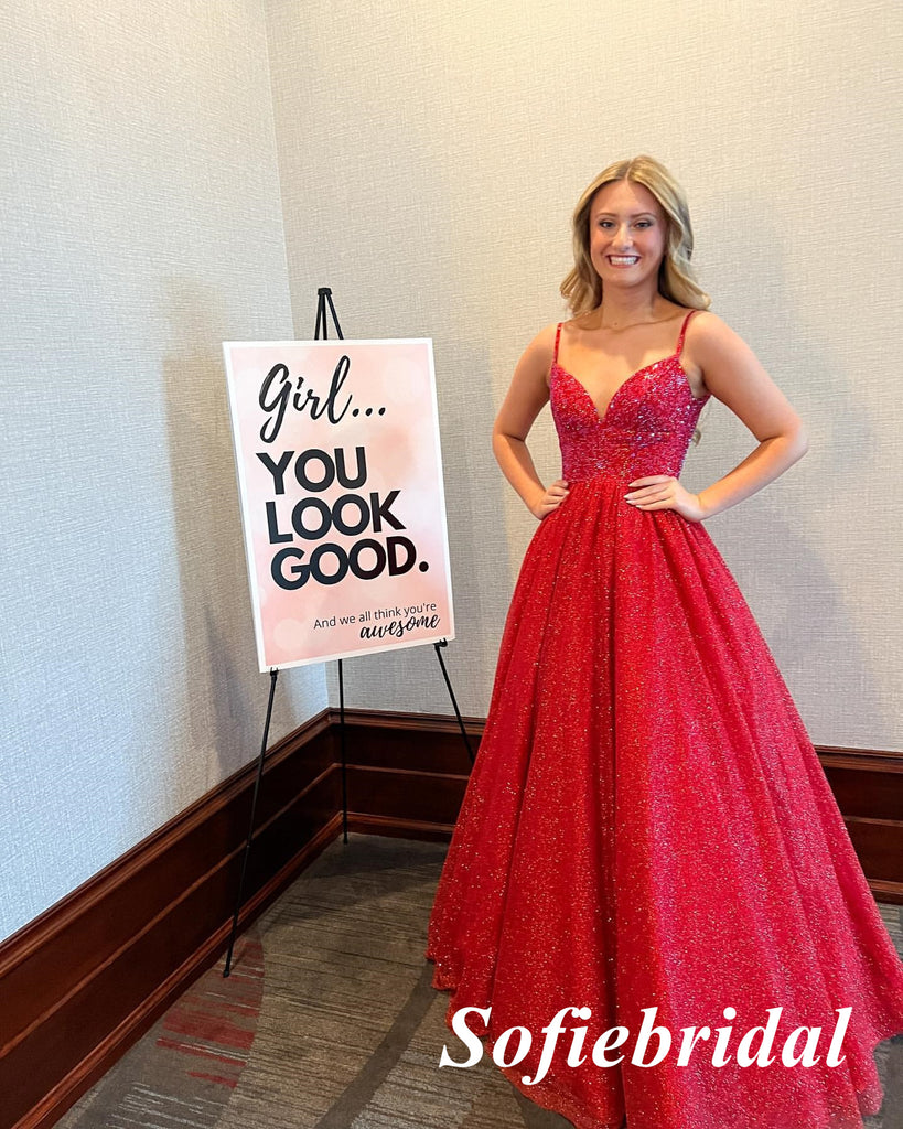 Sparkly Red Sequin Tulle Spaghetti Straps V-Neck Sleeveless A-Line Long Prom Dresses, PD0990