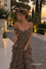 Brown Off Shoulder Ruffled Tulle A-Line Dress, Pleated Floor Length Formal Gown,PD13907