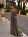 Brown Off Shoulder Ruffled Tulle A-Line Dress, Pleated Floor Length Formal Gown,PD13907