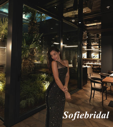 Sparkly Sexy One Shoulder Sleeveless Sheath Ankle Length Prom Dresses, PD01000