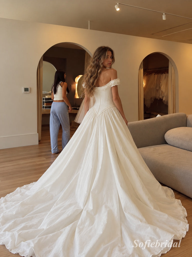 Off The Shoulder Ruffle Satin A-Line Wedding Dress, Corset Fitted Bodice Floor Length Bridal Gown,SFWD0117