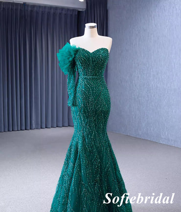 Elegant Tulle One Shoulder Long Sleeve Mermaid Long Dress Prom Dress With Detachable Trail, PD01116