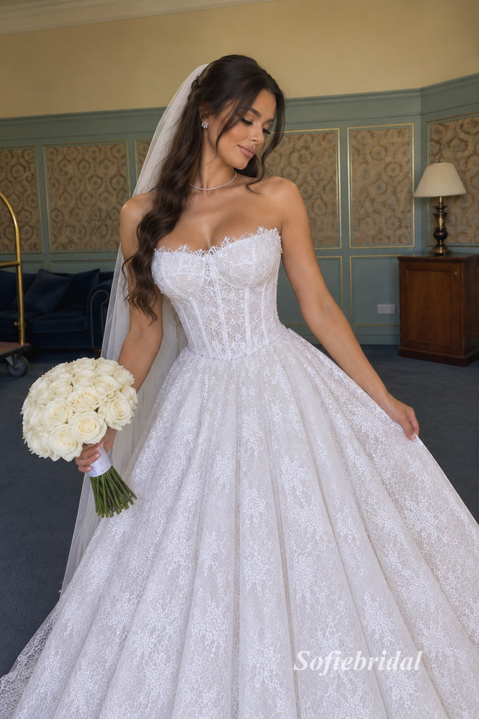 Strapless Sweetheart Corset Lace A-Line Wedding Dress, Romantic Lace Bridal Gown, SFWD0137