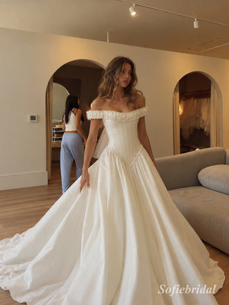 Off The Shoulder Ruffle Satin A-Line Wedding Dress, Corset Fitted Bodice Floor Length Bridal Gown,SFWD0117