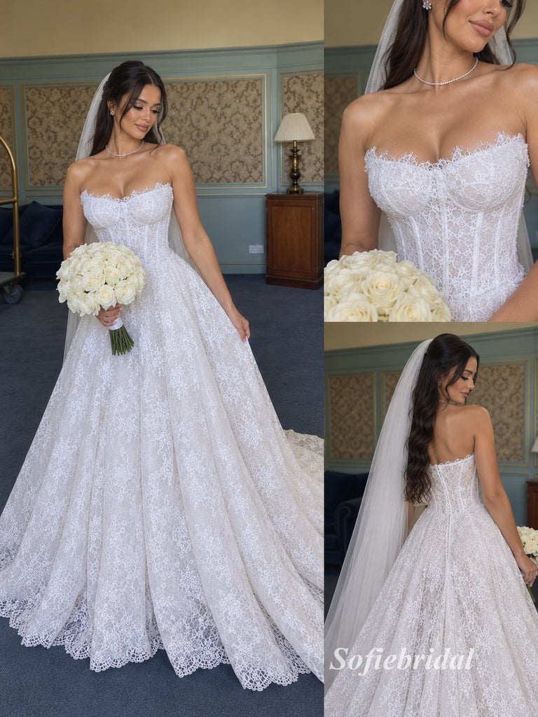 Strapless Sweetheart Corset Lace A-Line Wedding Dress, Romantic Lace Bridal Gown, SFWD0137