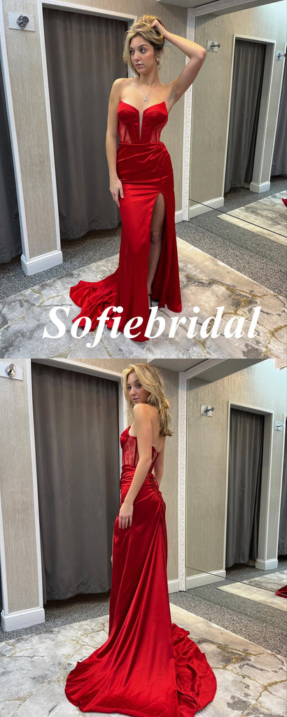 Sexy Red Soft Satin And Lace Sweetheart V-Neck Side Slit Mermaid Floor Length Prom Dress, PD01105