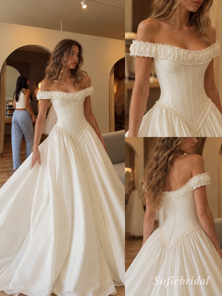 Off The Shoulder Ruffle Satin A-Line Wedding Dress, Corset Fitted Bodice Floor Length Bridal Gown,SFWD0117