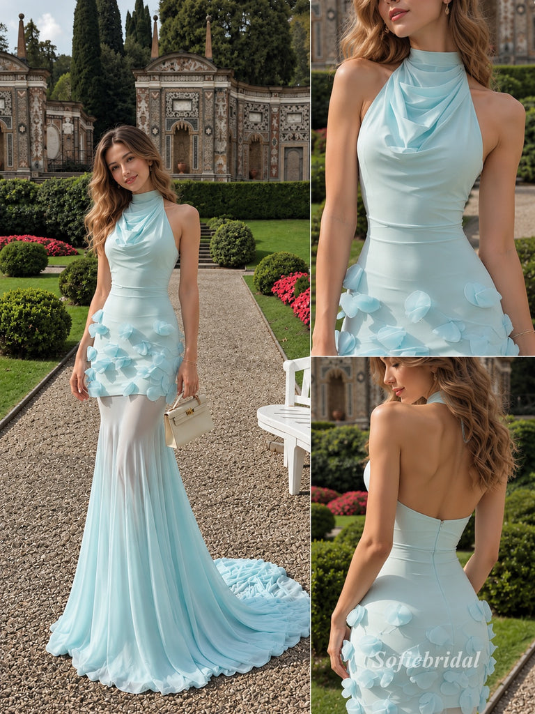 Light Blue Halter Draped Mermaid Evening Dress, 3D Floral Formal Prom Gown, PD13928
