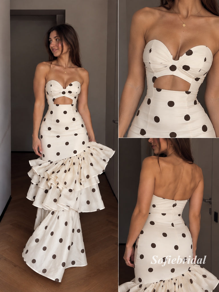 Cream Polka Dot Strapless Cutout Mermaid Gown, Tiered Ruffle Formal Evening Dress, PD13948