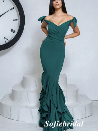 Sexy  Jersey Mermaid Off Shoulder V-Neck Stretchy Long Formal Prom Dresses, PD0912