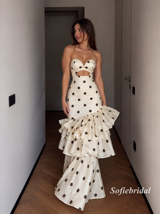 Cream Polka Dot Strapless Cutout Mermaid Gown, Tiered Ruffle Formal Evening Dress, PD13948