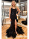 Sexy Black Sequin Spaghetti Straps Sleeveless Lace Up Back Side Slit Mermaid Long Prom Dresses, PD0915