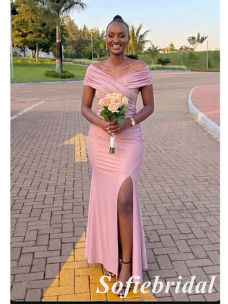 Simple Dusty-Pink Off Shoulder Side Slit Mermaid Bridesmaid Dresses Wedding Guest, SFWG00634