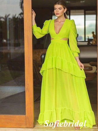 Lime Green V-Neck Long Sleeve Ruffled A-Line Maxi Dress with Cutout Waist, PD01239