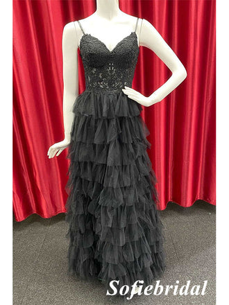 Sexy Black Tulle And Lace Spaghetti Straps V-Neck A-Line Long Prom Dresses, PD0940