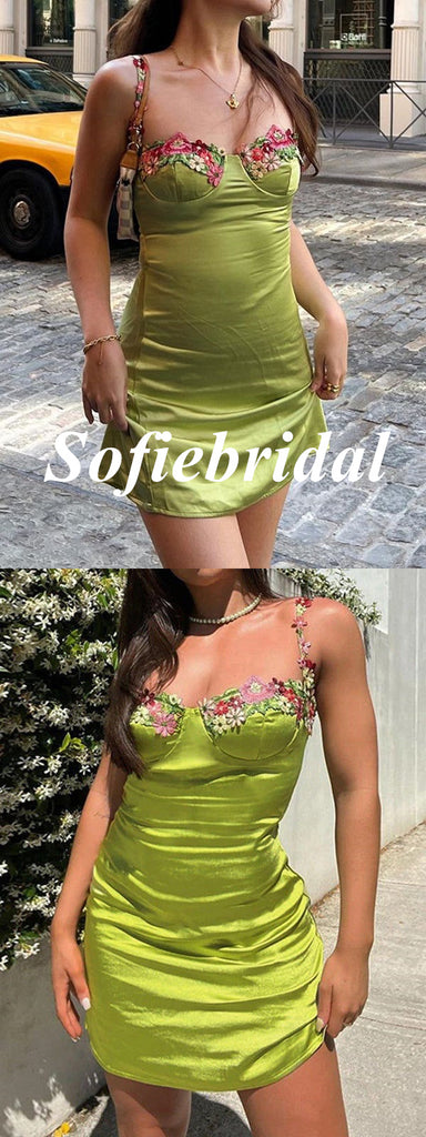 Sexy Green Soft Satin Spaghetti Straps Sleeveless Sheath Mini Dresses/ Homecoming Dresses With Applique, HD0303