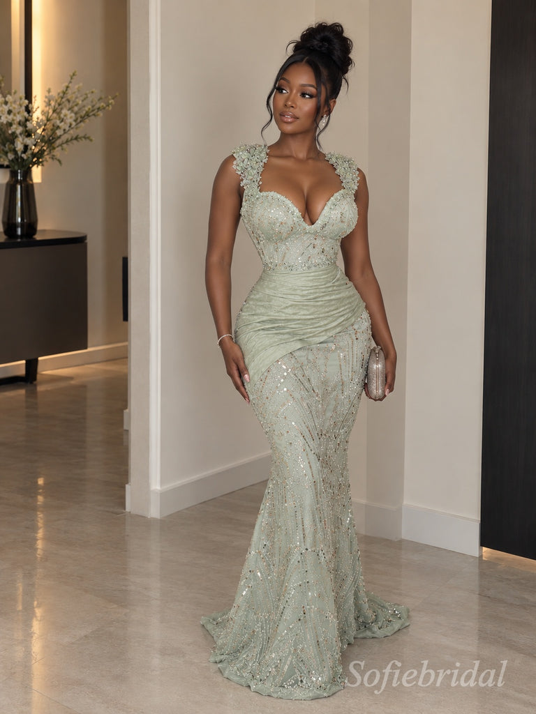 The Sage Blossom | Hand-Beaded Floral Appliqué Mermaid Gown — Deep V-Neck Floor-Length Evening Dress,PD1370