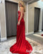 Sexy Red Soft Satin And Lace Sweetheart V-Neck Side Slit Mermaid Floor Length Prom Dress, PD01105