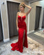 Sexy Red Soft Satin And Lace Sweetheart V-Neck Side Slit Mermaid Floor Length Prom Dress, PD01105