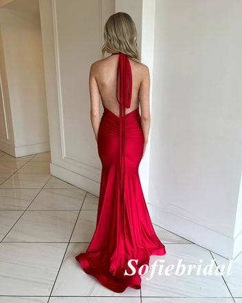 Sexy Red Soft Satin Halter V-Neck Mermaid Long Prom Dresses, PD0977