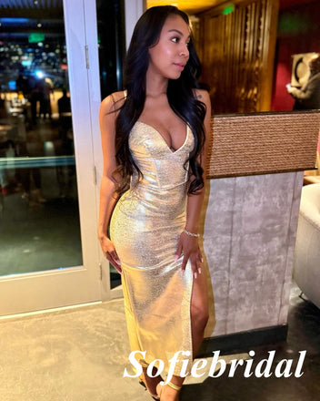 Sexy Special Fabric Spaghetti Straps V-Neck Side Slit Mermaid Midi Dress Prom Dress, PD01108