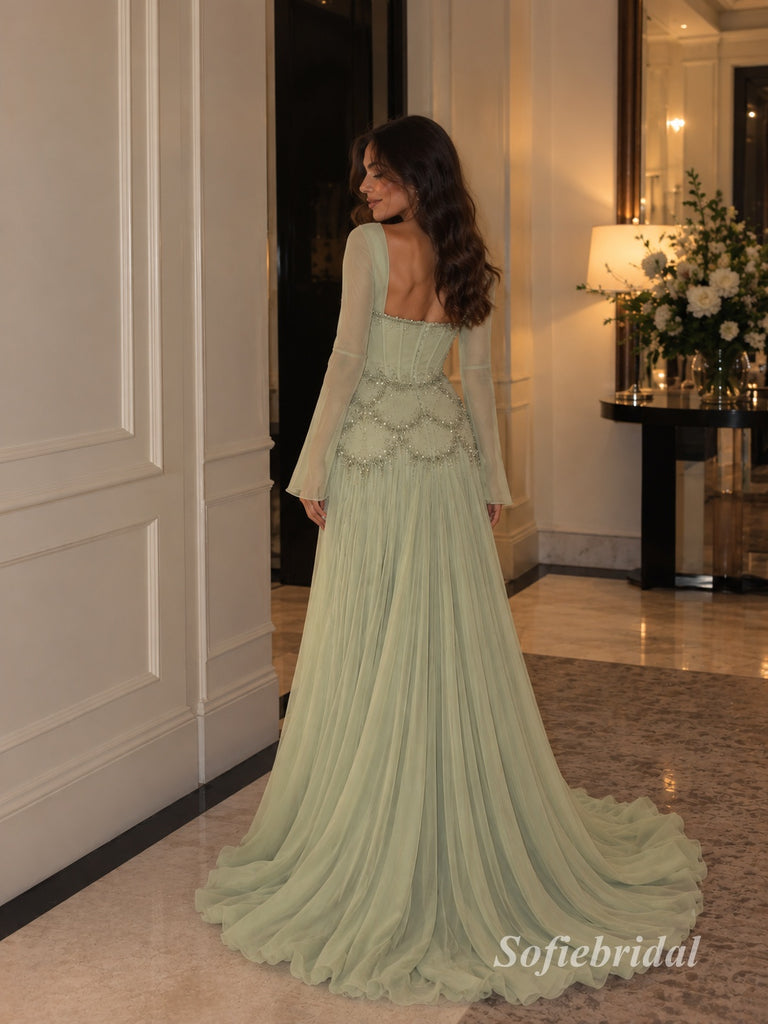 Sage Green Long Sleeve Beaded Tulle A-Line Dress, Square Neck Floor Length Formal Gown,PD13908