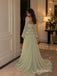 Sage Green Long Sleeve Beaded Tulle A-Line Dress, Square Neck Floor Length Formal Gown,PD13908