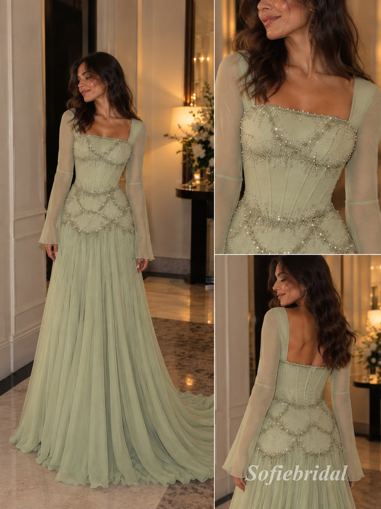 Sage Green Long Sleeve Beaded Tulle A-Line Dress, Square Neck Floor Length Formal Gown,PD13908