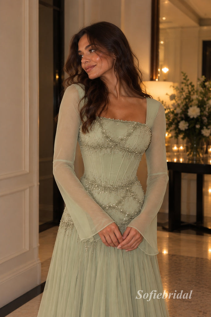 Sage Green Long Sleeve Beaded Tulle A-Line Dress, Square Neck Floor Length Formal Gown,PD13908