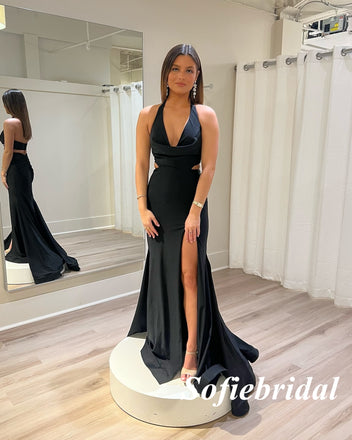Sexy Black Soft Satin Halter Side Slit Mermaid Long Prom Dresses, PD0979