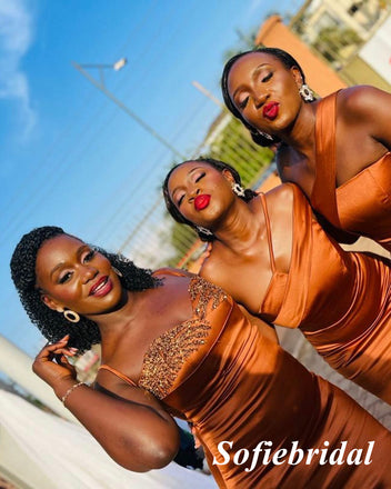 Sexy Mismatched Burnt-Orange Soft Satin Sleeveless Mermaid Floor Length Bridesmaid Dresses, SFWG00600