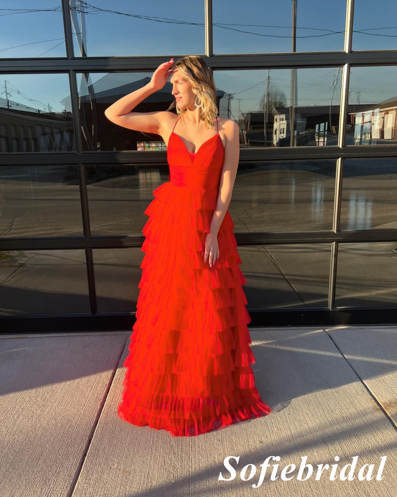Sexy Red Tulle Spaghetti Straps V-Neck Sleeveless A-Line Floor Length Prom Dress, PD01097