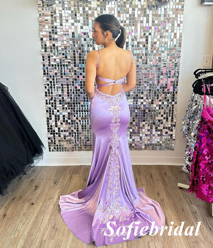 Sexy Soft Satin Spaghetti V-Neck Sleeveless Mermaid Long Prom Dresses With Applique, PD0994