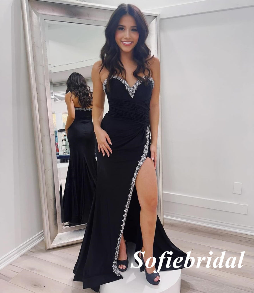 Sexy Black Sweetheart Side Slit Mermaid Long Prom Dresses With Beading, PD0980