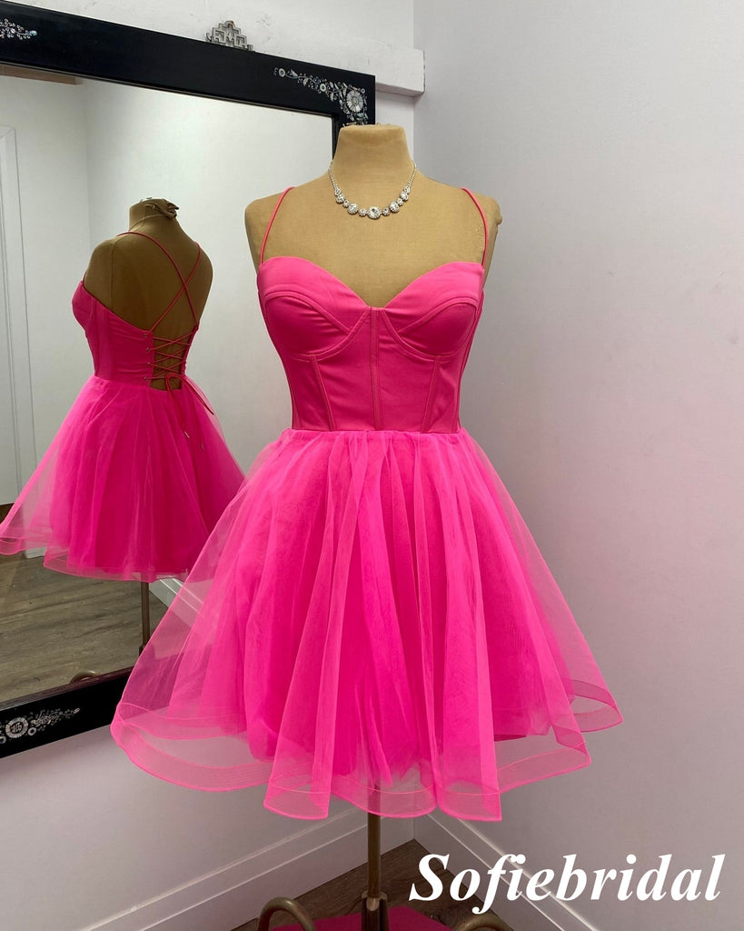 Sexy Hot Pink Spaghetti Straps Sleeveless Criss Cross A-Line Mini Dresses/ Homecoming Dresses, HD0299